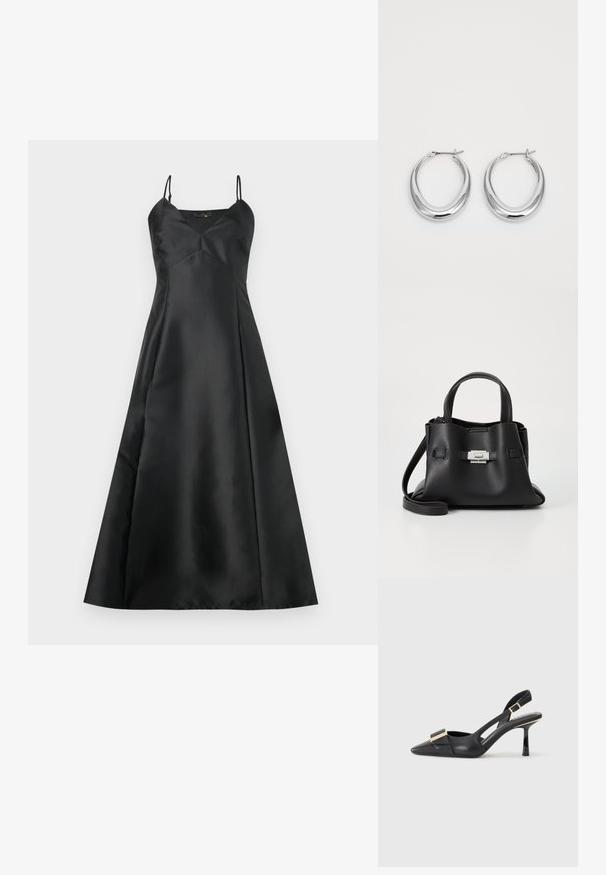 Svart satengkjole med A-linje silhuett, tynne justerbare stropper og V-formet utringning. Glatt tekstur og flytende design.; Svart skinn slingback-sko med spiss tå, slank hæl og gullfarget detalj på vampen. Glatt tekstur og strukturert design.; Svart skinnveske med teksturert overflate, som har to håndtak på toppen, en avtagbar skulderrem og detaljer med sølvspenne.; Et par polerte sølv halvmåne hoop øredobber med hengselspenner på hvit bakgrunn.