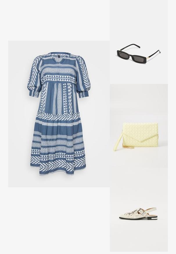 Kratke rukave plava haljina s bijelim geometrijskim uzorcima, s okruglim izrezom, nabranim strukom i raširenom suknjom. Mekani materijal s teksturiranim završetkom.; Sandalice sa zatvaračem u bijeloj koži s višestrukim širokim trakama i srebrnim kopčama; ravni potplat s malim crnim potpeticama i metalnim akcentima.; Crne pravokutne sunčane naočale s tamnim lećama, sjajnim plastičnim okvirom i zlatnim akcentima na sljepoočnicama. Minimalistički dizajn i elegantan oblik.; Žuta pletena novčanica s preklopnim dizajnom, odvojivim remenom za zapešće i zlatnim lancem kao ukrasom. Glatka tekstura i pravokutni oblik.; Srebrne kružne naušnice s glatkom, poliranom površinom. Okrugli oblik i sigurno kopčanje na klik. Lagani dizajn pogodan za svakodnevno nošenje.