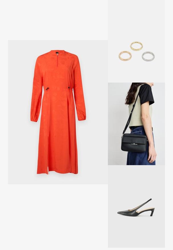 Red long-sleeve dress with a high neckline, zip closure, elasticized waist, side slits, and textured floral pattern.; Black pointy-toed slingback shoe with a low heel, featuring smooth leather material and cut-out design on the side for breathability.; Calvin Klein LINEAR CAMERA BAG - Cross body bag - black; Three metal rings: one rose gold, one gold with textured accents, and one silver, all with engraved branding on the inner band.