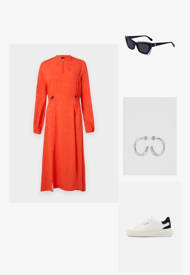 Punane pikakäistega kleit kõrge kaelusega, tõmbluku sulgemine, elastne vöökoht, külgmised lõhikud ja tekstuuriline lillemuster.; Valged nahast tennisetossud paksu valge tallaga, musta sametist kontsakeeuga ja külje peal riigilogo reljeefne kujundus. Lukkeskeem kuue silmaauguga.; Mustad suured mustad prillid geomeetrilise kujuga, tumedate läätsedega ja kontrastse halli detailiga raamidel. Logo käe peal.; Hõbedased rõngaskõrvarõngad, millel on sile ja läikiv pind. Ümar kuju, kerge disain, millel on post-tagumise kinnituse süsteem.