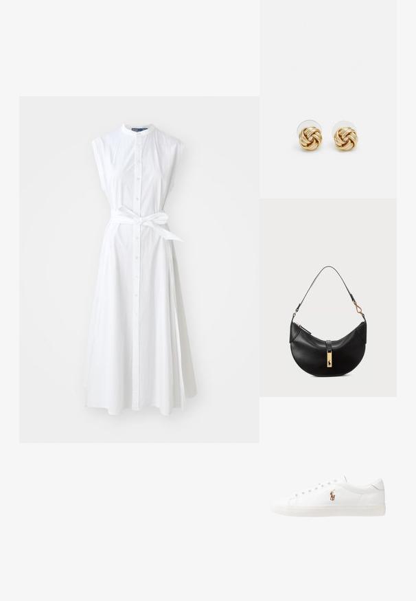 Polo Ralph Lauren BELTED COTTON SLEEVELESS A-LINE DRESS - Vestido camisero - white; Zapatillas de cuero blancas, diseño de corte bajo, con una textura suave, puntera redonda, cordones en la parte delantera y un pequeño logo bordado en el lateral.; Bolso de cuero negro en forma de media luna. Presenta un acento de hardware dorado y una correa estrecha. Textura suave, cierre de cremallera en la parte superior.; Pendientes de botón en tono dorado con un diseño retorcido. Cada pendiente cuenta con un respaldo circular transparente para una sujeción segura.