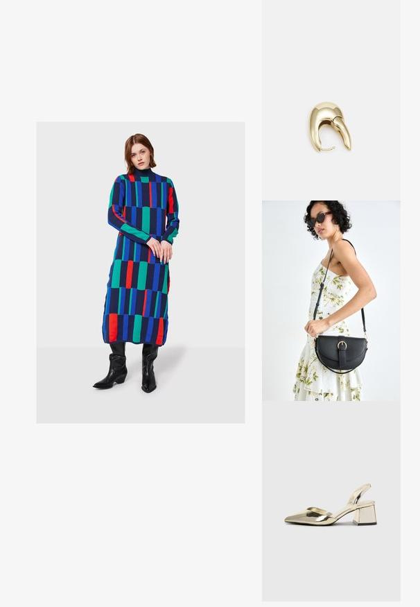 Frau steht in einem langen, bunten Kleid mit geometrischem Muster und blauen, grünen sowie roten Streifen, kombiniert mit schwarzen kniehohen Stiefeln.; Goldene, metallische Slingback-Absätze mit spitzem Zeh und dicker Ferse. Glatte Textur, minimalistisches Design und ein schmaler Riemen.; Schwarze Lederhandtasche mit geschwungener Form, abnehmbarem Tragegurt und goldenen Beschlägen. Die Tasche verfügt über einen Deckel mit einer Schnallen-Details.; Ohrringe aus goldfarbenem Metall mit einem schlanken, geschwungenen Design. Sie verfügen über eine markante, spitze Form, eine polierte Oberfläche und einen Scharnierverschluss.