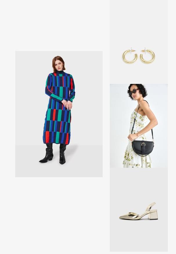 Femme se tenant debout, vêtue d'une longue robe colorée à motifs géométriques avec des rayures bleues, vertes et rouges, assortie de bottes noires jusqu'au genou.; Talons aiguilles dorés métalliques avec un bout pointu et un talon épais. Texture lisse, design minimaliste et une fine bride.; Sac à main en cuir noir avec une forme courbée, bandoulière amovible et des accessoires en or. Le sac est doté d'un rabat avec un détail de boucle.; Boucles d'oreilles en or avec une finition lisse et brillante. Design circulaire présentant un petit clou et une attache transparente pour un port sécurisé.