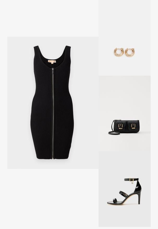 Vestido preto com textura canelada, silhueta ajustada, decote redondo e detalhe de fecho na frente. Textura suave e design sem mangas.; Sandal de couro envernizado preto com três tiras, fivela no tornozelo e salto agulha de 10 cm. Apresenta detalhes em hardware dourado e um charme com logotipo.; Bolsa de ombro em couro preto com dois bolsos frontais, fivelas douradas, fecho de zíper e uma alça fina. Superfície texturizada e forma retangular compacta.; Argolas de ouro com acabamento polido, apresentando um design circular e espesso, além de um mecanismo de fecho seguro. Textura suave e aparência brilhante.