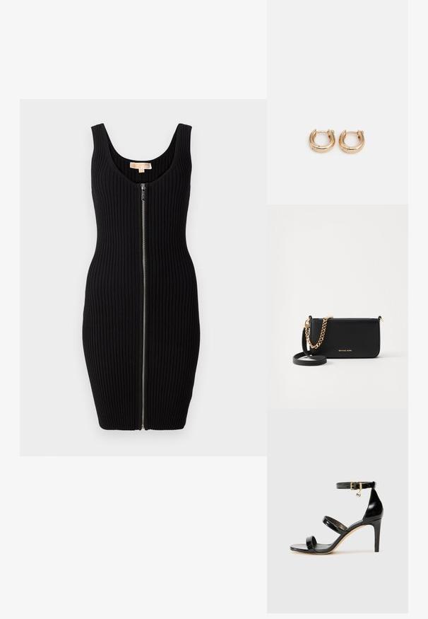Čierne rebrované šaty s priliehavým strihom, výstrihom do tvaru lodičky a predným zipsom. Hladká textúra a bezrukávový dizajn.; Čierne lakované sandále s tromi pásikmi, spona na členku a 10 cm ihlovým podpätkom. Obsahujú zlaté detaily s hardwarem a logo prívesok.; Čierna kožená kabelka s pozláteným reťazovým doplnkom, hladká textúra a zlaté logo. Obsahuje nastaviteľný popruh pre všestrannosť.; Zlaté kruhové náušnice s lešteným povrchom, so silným, obdĺžnikovým dizajnom a bezpečným uzatváracím mechanizmom. Hladký povrch a lesklý vzhľad.