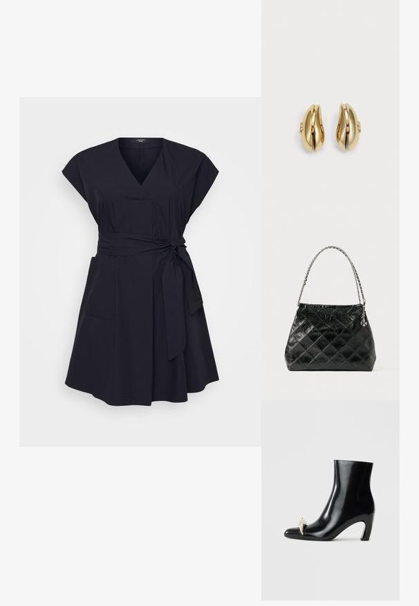 Navy blue wrap dress in lightweight fabric with short sleeves, a belted waist, two front pockets, and a flared skirt.; Black ankle boot made of glossy leather, featuring a pointed toe and a decorative gold and silver accent at the front. Block heel design.; Black quilted leather handbag with a silver chain handle, featuring a structured design and smooth texture.; Gold-tone earrings with a flowing, curved design. Each earring features a smooth surface and a small clasp with a decorative detail.
