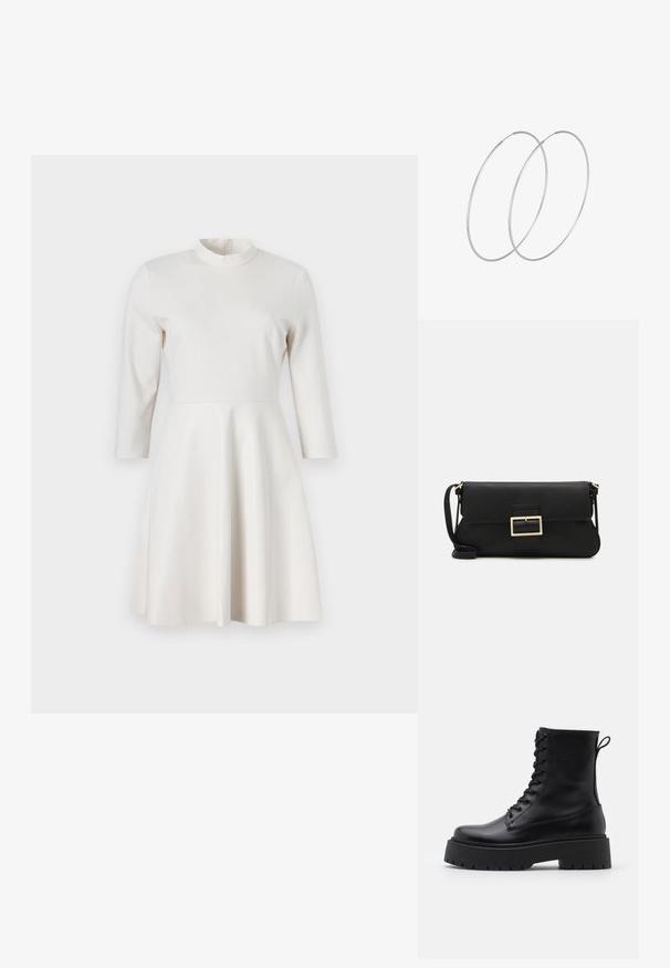Aansluitend wit jurk met een hoge hals, driekwart mouwen en een uitlopende rok. Vlotte stof met een subtiele glans, ritssluiting aan de achterkant.; Zwarte leren enkelboots met een ronde neus, vetersluiting aan de voorkant en een dikke rubberen zool met een gestructureerd profiel. Trekbandje aan de achterkant.; Zwarte leren clutch met een klep en een gouden metalen sluiting. Inclusief een zwarte schouderband en een slank, minimalistisch ontwerp.; Zilveren hoepel oorbellen met een minimalistisch ontwerp. Cirkelvormig, gladde textuur en dun profiel. Lichtgewicht met een gepolijste afwerking.