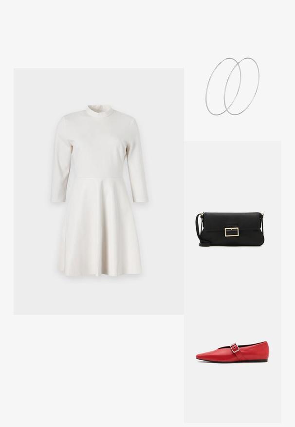 Biele priliehavé šaty s vysokým golierom, trojštvrťovými rukávmi a rozšírenou sukňou. Hladká látka s jemným leskom, zapínanie na zips na chrbte.; Červená kožená balerína s špicatou špičkou, vybavená bočným popruhom s kovovou prackou a nízkym čiernym podpätkom. Hladká textura po celom povrchu.; Čierna kožená clutch taška s klopou a zlatým kovovým detailom s prackou. Obsahuje čierny remienok a elegantný, minimalistický dizajn.; Strieborné kruhové náušnice s minimalistickým dizajnom. Cirkulárny tvar, hladký povrch a tenký profil. Ľahké s lesklým povrchom.