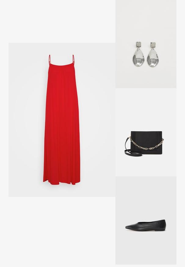 Sarkana, pilna garuma maksi kleita ar plānām regulējamām siksnām, brīvu piegriezumu un gludu, vieglu tekstūru. Nav rakstu vai metāla detaļu.; Melna ādas baleta kurpe, ar norādītu purngalu, minimālisma dizains, gluda tekstūra, zema papēža augstums, bez redzamiem aksesuāriem vai rotājumiem.; Melna ādas crossbody soma ar gludu faktūru, taisnstūrveida formu un metalizētu ķēdes detaļu priekšā. Iekļauta regulējama siksna.; Sudraba pilienu auskari ar kvadrātveida auskariem, ar gludu, pulētu apdari un asaru formu, atstaro gaismu ar spīdīgu virsmu.