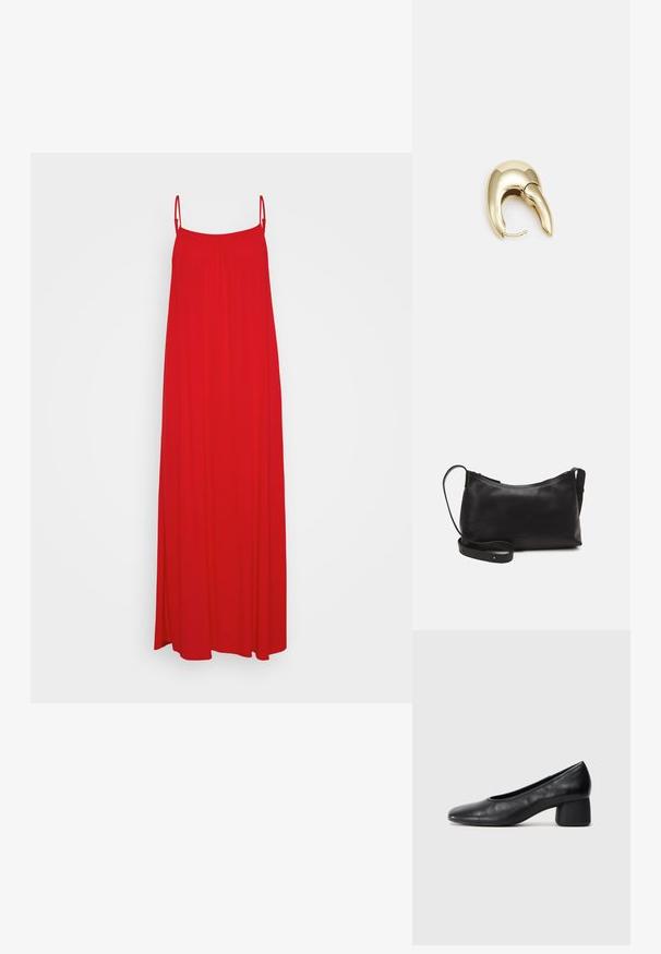 Rød, lang maxi-kjole med tynne justerbare stropper, avslappet passform og en glatt, lett tekstur. Ingen mønstre eller detaljer i metall.; Sorte lærpumps med rund tå og mellomstor blokkhæl. Glatt tekstur med minimalt med detaljer, og har en subtil elastisk åpning.; Svart skinn skulderveske med glatt tekstur, buet form, justerbar stropp og glidelås. Minimalistisk design uten dekorasjoner.; Gullfarget metalløredobber med et elegant, buet design. Har en karakteristisk spiss form, polert overflate og hengsel-lukking.