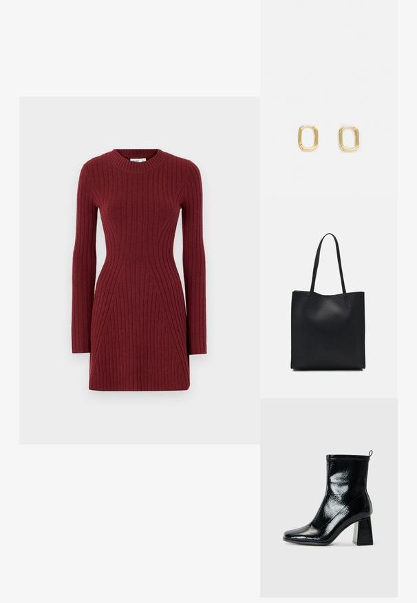 Soomuseline kudum dress sügavas burgundia värvuses, pikkade varrukatega, ümmarguse kaelusega ja lihtsa, geometriche joontega disainiga, mis lisab rõivale struktuuri.; Must värvitud ankle-kingad ruudu toe ja jäme geomeetriline konts. Omab siledat, läikivat tekstuuri ja tagumist tõmmet, mis aitab kergesti jalga panna.; Mustast nahast kott sujuva tekstuuriga, ristkülikukujuline ja kahe pika sangaga. Pole nähtavat riistvara ega kaunistusi.; Kuldne ristkülikukujuline kõrvarõngas, millel on sile tekstuur ja ümarad servad. Disain sisaldab minimalistlikku geomeetrilist kuju.