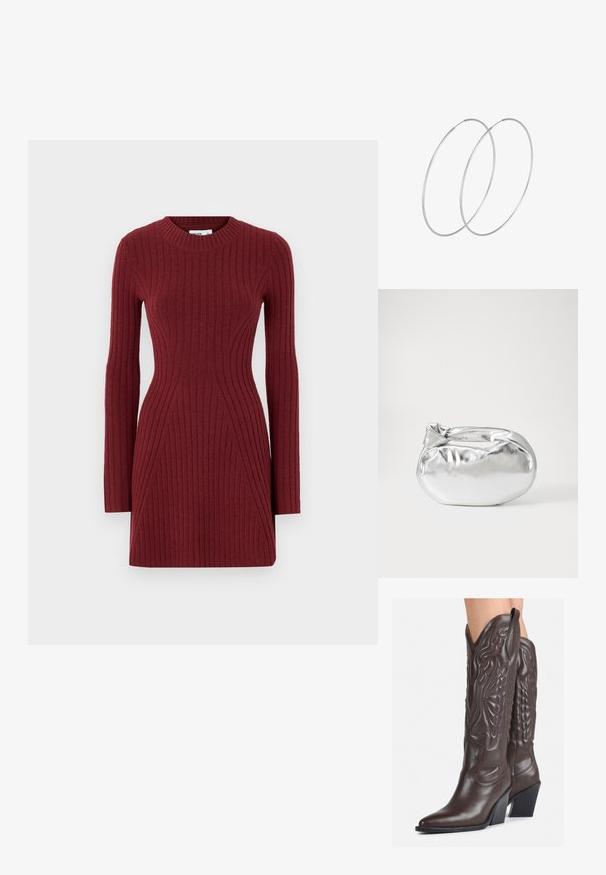Ribbed adīta kleita tumši bordo krāsā ar garām piedurknēm, apaļu dekoltē un pieguļošu dizainu, kas izceļ ģeometriskas līnijas strukturētam izskatam.; Brūni ādas kovboju zābaki ar norādītu purngalu un blokveida papēdi, ar detalizētu šūšanu un paceltiem akcentiem uz kājas daļas.; Sudraba metāliska poga somiņa ar mīkstu, noapaļotu formu un mezgla augšējo aizdari. Izgatavota no gludas mākslīgās ādas materiāla.; Sudraba gredzenveida auskari ar minimālistisku dizainu. Cirkulāra forma, gluda tekstūra un plāns profils. Vieglu svaru ar spīdīgu apdari.