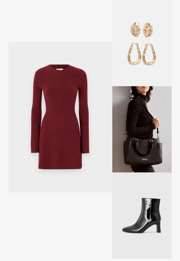 Ribbed adīta kleita tumši bordo krāsā ar garām piedurknēm, apaļu dekoltē un pieguļošu dizainu, kas izceļ ģeometriskas līnijas strukturētam izskatam.; Melnas patentētas ādas potīšu zābaki ar norādītu pirkstu un vidēja augstuma kvadrātveida papēdi. Gluda tekstūra un minimālisma dizains.; Melnā rokassoma ar teksturētu virsmu, diviem augšējiem rokturiem un regulējamu pleca siksnu. Iespējas ar zelta krāsas aparatūru un sānu kabatām.; Zelta krāsas auskari ar teksturētām, viļņotām formām. Iekļauts skulpturāls piespraužams modelis un atvērta gredzenveida konstrukcija ar izsistām virsmām.
