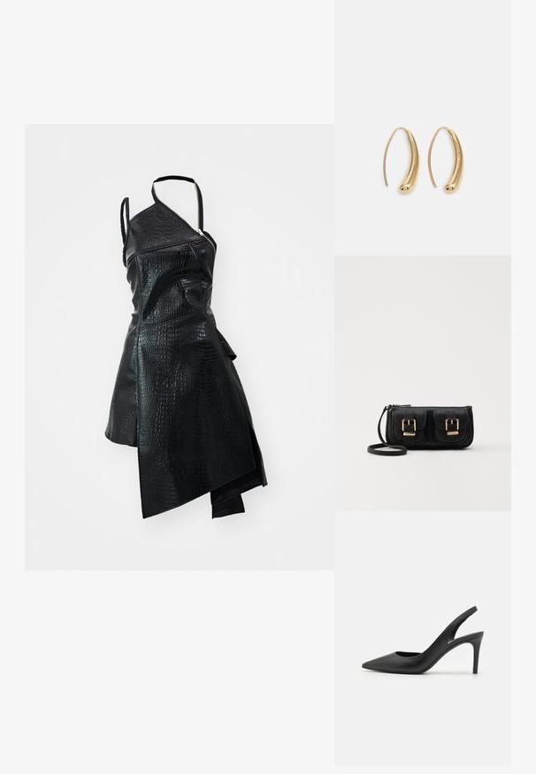 Vestido de cuero sintético negro, con un diseño asimétrico, patrón de cocodrilo texturizado y cierre lateral con cremallera. Incluye una tirante para un solo hombro.; Zapatos de tacón alto de cuero negro con diseño de punta afilada, que presentan un corte en la parte delantera y un delgado tacón de aguja.; Bolso cruzado de cuero negro con dos bolsillos frontales, hebillas doradas, cierre de cremallera y una correa delgada. Superficie texturizada y forma rectangular compacta.; Pendientes de aro de metal en tono dorado con una forma curva y alargada. Presentan una superficie lisa y brillante y una punta redondeada para mayor detalle.