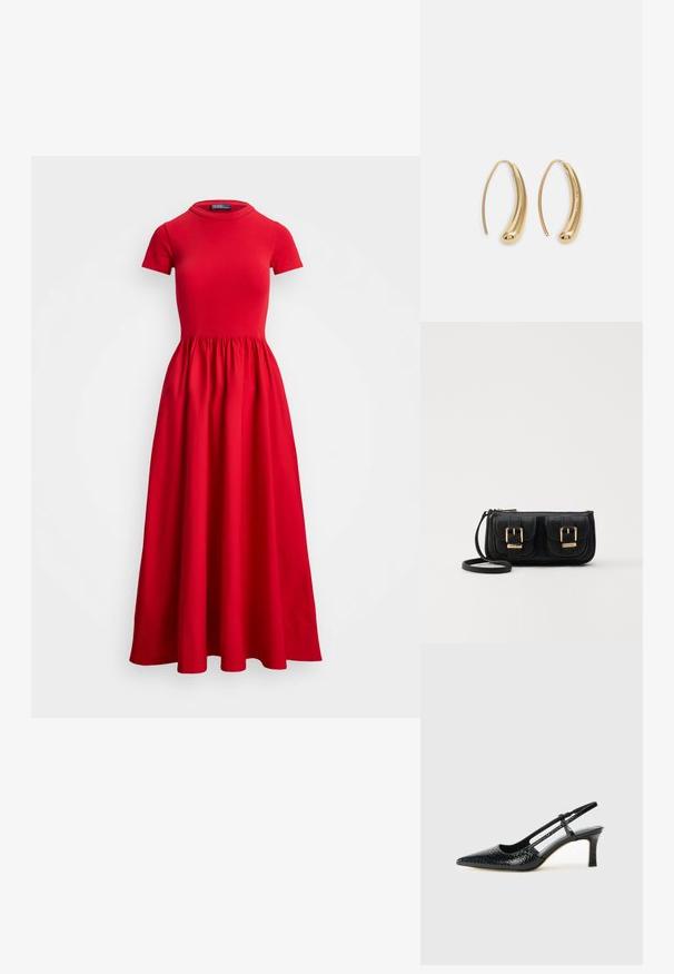 Czerwona midi sukienka z krótkimi rękawami, dopasowaną górą i marszczoną spódnicą. Wykonana z gładkiego materiału, z okrągłym dekoltem i bez widocznych zapięć.; Czarne lakierowane czółenka na obcasie typu slingback z wąskim noskiem, z teksturowanym wzorem wężowym, regulowanym paskiem oraz krótkim, teksturowanym obcasem w kształcie słupka.; Czarna skórzana torba na ramię z dwoma przednimi kieszeniami, złotymi klamrami, zamkiem błyskawicznym i cienkim paskiem. Teksturowana powierzchnia i kompaktowy prostokątny kształt.; Złote metalowe kolczyki w kształcie obręczy o zakrzywionym, wydłużonym kształcie. Posiadają gładką, błyszczącą powierzchnię oraz zaokrąglony koniec dla dodatkowego efektu.