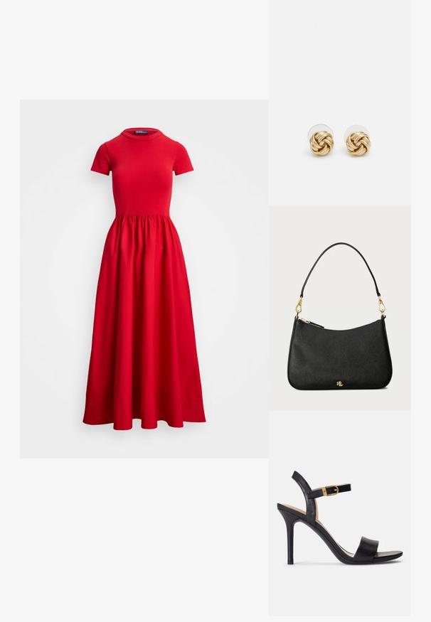 Crvena midi haljina kratkih rukava, pripijenog kroja, s naboranom suknjom. Izrađena od glatkog materijala s okruglim izrezom i bez vidljivih zatvaranja.; Crne sandale na visokom potpeticu s glatkim kožnim gornjištem, otvorenom nosom i dizajnom s jednim remenom s naglaskom na zlatnu kopču.; Crna kožna torba sa strukturiranim dizajnom, koja ima zatvaranje na patentni zatvarač, odvojivu traku i zlatne dodatke.; Naušnice na stud s zlatnim tonom i uvrnutim dizajnom. Svaka naušnica ima okruglu prozirnu podlogu za sigurno nošenje.