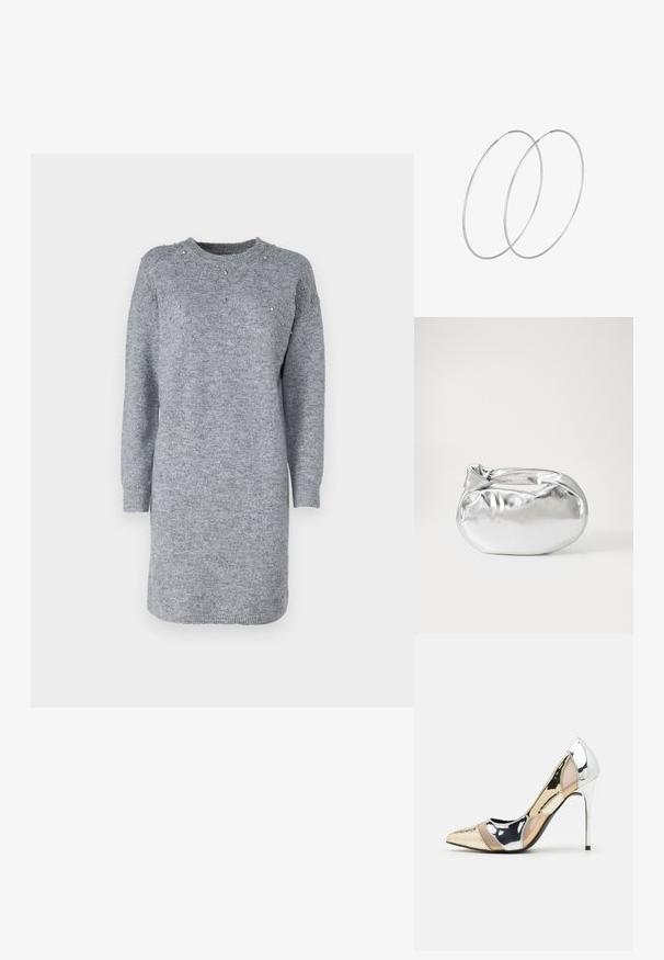 Pilkos megztos suknelės su apvaliu iškirpimu, ilgomis rankovėmis ir subtiliais dekoratyviniais akmenukais ant pečių. Minkšta tekstūra ir vidutinio ilgio.; Aštrus pirštas aukštakulnis batelis su sidabro, aukso ir nuogų spalvų deriniu. Blizgus paviršius su išpjovos dizainu, su stiletto kulnu.; Sidabrinė metalinė maišelio forma su švelnia, apvalia forma ir mazgu užveriamu viršumi. Pagaminta iš lygios dirbtinės odos medžiagos.; Sidabrinės pusmėnulio auskarai minimalistiniu dizainu. Apskritimo forma, lygus paviršius ir plonas profilis. Lengvi su poliruotu apdailu.