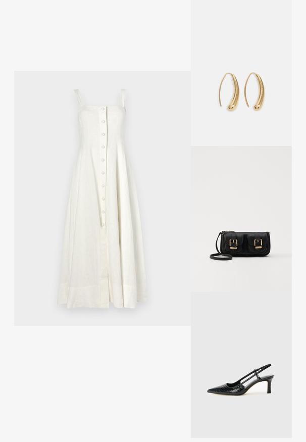Vestido de lino blanco con tirantes ajustables, botones en la parte frontal y una silueta acampanada tipo A. Textura suave, largo hasta la rodilla con detalle de costura en el frente.; Tacón slingback negro de charol con punta afilada, que presenta un estampado de serpiente texturizado, correa ajustable y un tacón bloque corto y texturizado.; Bolso cruzado de cuero negro con dos bolsillos frontales, hebillas doradas, cierre de cremallera y una correa delgada. Superficie texturizada y forma rectangular compacta.; Pendientes de aro de metal en tono dorado con una forma curva y alargada. Presentan una superficie lisa y brillante y una punta redondeada para mayor detalle.
