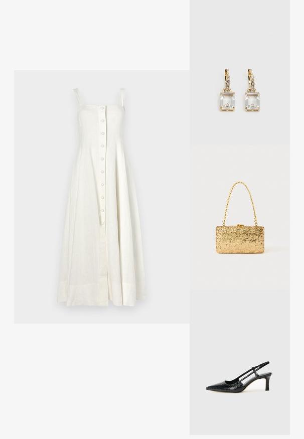 White linen dress with adjustable straps, button front, and a flared A-line silhouette. Smooth texture, knee-length with front seam detail.; Black patent slingback heel with a pointed toe, featuring textured snake print, adjustable strap, and a short, textured block heel.; Gold sequin clutch with a rectangular shape, featuring a twisted chain handle and a metal clasp closure, reflecting light with a textured finish.; Gold-tone earrings featuring a rectangular, clear crystal dangling below a row of small, round clear accents. Sleek, modern design.