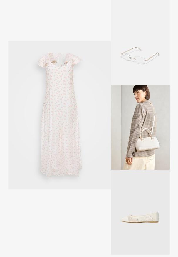 Vestido maxi floral em tecido leve; com mangas curtas e onduladas, decote em V e delicados padrões de rosas cor-de-rosa sobre um fundo branco.; Sandal com biqueira apontada em pele creme com parte superior transparente decorada com strass dispersos. Sola macia para conforto, design minimalista.; Óculos de metal dourado com lentes ovais, hastes finas e almofadas nasais transparentes. Apresenta acentos sutis nas dobradiças e lentes transparentes.; Bolsa estruturada branca com alças curtas e uma alça de ombro, com detalhes em hardware dourado e material texturizado, exibida contra um fundo cinza.; Anéis de resina clara e âmbar, um liso e transparente, o outro com um acabamento texturizado em âmbar. Ambos apresentam designs arredondados e robustos.