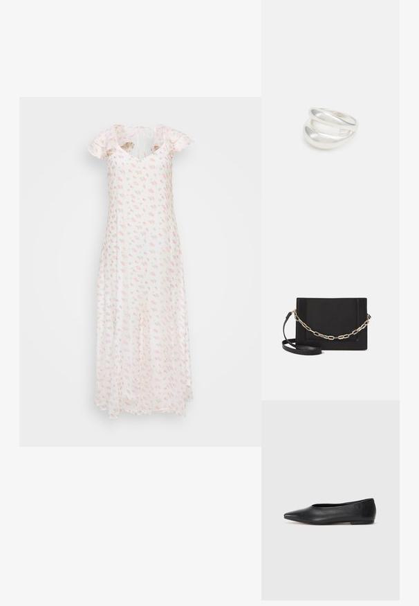 Cvetna maksi obleka iz lahkega materiala; ima kratke naborke, V-izrez in nežne rožnate vrtnice na beli podlagi.; Črne usnjene balerinke, koničast toe, minimalističen dizajn, gladka tekstura, nizka peta, brez vidnih kovinskih delov ali okraskov.; Črna usnjena torba čez ramo z gladko teksturo, pravokotno obliko in kovinskim verižnim detajlom spredaj. Vključena je nastavljiva naramnica.; Srebrn dvojni prstan z gladko, polirano površino. Ima tekoč, ukrivljen dizajn z prekrivajočimi se sekcijami za sodoben videz.