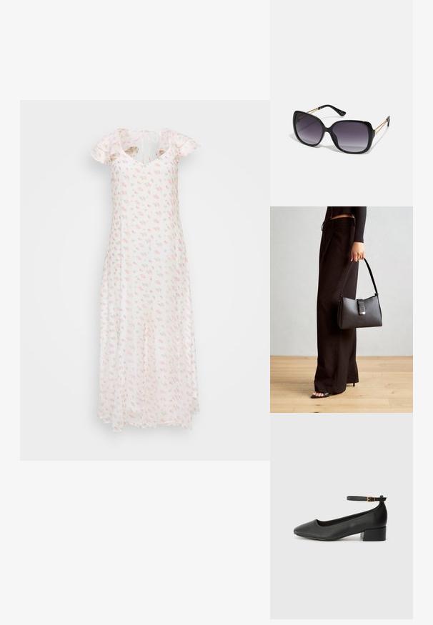 Rochie maxi florală dintr-un material ușor; caracteristici mâneci scurte cu volane, decolteu în formă de V și modele delicate cu trandafiri roz pe un fundal alb.; Pantof cu toc negru din piele, cu vârf ascuțit și toc mic pătrat. Dispune de o curea la gleznă cu o cataramă în tonuri de aur. Textură netedă.; Ochelari de soare negri, supradimensionați, cu lentile degradate, rame groase și detalii cu lanț de ton auriu pe brațele templului.; Genți negre cu o formă structurată, textură netedă și un închizător metalic. Asortată cu pantaloni negri largi și sandale cu vârf deschis pe un podea din lemn.