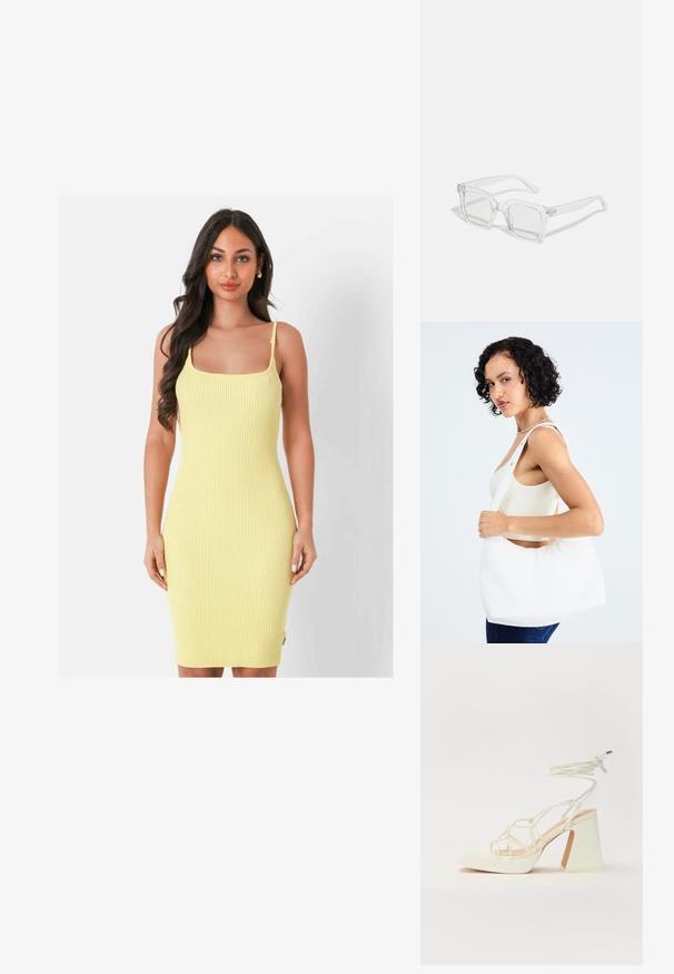 Sixth June Gebreide jurk - yellow; Witte hoge hakken sandaal met een chunky hak, met een bandjesontwerp en enkelband. Gladde textuur met een plateau voor extra hoogte.; Heldere rechthoekige zonnebril met een dikke plastic montuur, voorzien van licht getinte lenzen en zonder extra patronen of accenten.; Witte schoudertas van glad materiaal, met een ovale uitsparing en breed riemontwerp. Eenvoudig en modern zonder zichtbare hardware.