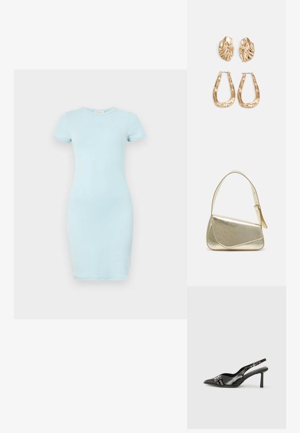 Svetlo modra obleka, oprijetega kroja, narejena iz mehkega materiala, z kratkimi rokavi in okroglim izrezom. Majhna vezenina na prsih. Gladka tekstura.; Črne patentne usnjene sandale s koničastim nosom, zankami okoli gležnja s srebrnimi sponkami in opremo ter vitkimi petami.; Zlata metalna torbica z urejenim dizajnom, gladko teksturo in nastavljivim trakom. Ima edinstveno trikotno obliko in minimalistično šivanje.; Zlato obarvani uhani z teksturiranimi, valovitimi oblikami. Vključujejo skulpturalne sponke za ušesa in odprto obliko obročka s kladivastim finišem.