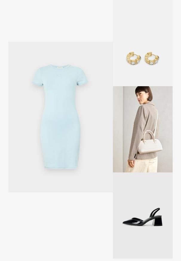 Světle modré přiléhavé šaty vyrobené z měkkého materiálu, s krátkými rukávy a kulatým výstřihem. Malé vyšívané logo na prsou. Hladká textura.; Černé lakované kožené lodičky na pásku s špičatou špičkou a geometrickým blokovým podpatkem. Vyznačují se elegantním, minimalistickým designem a hladkým povrchem.; Bílá strukturovaná kabelka s krátkými uchy a ramenním popruhem, zdobená zlatými kovovými prvky a texturovaným materiálem, vystavená na šedém pozadí.; Zlaté kruhové náušnice s texturovaným designem a třemi jasnými krystalovými akcenty na jedné straně, které nabízejí moderní geometrickou estetiku.