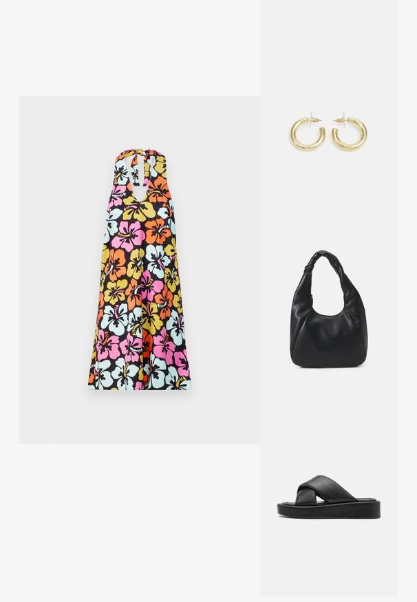 Robe style halter ornée d'un imprimé floral éclatant en rose, orange, jaune et bleu sur un fond noir avec un décolleté en forme de clé.; Sandales en cuir noir avec un design à brides croisées, semelle plate et texture lisse. Esthétique minimaliste et monochrome.; Sac hobo noir en matériau semblable à du cuir, avec une anse torsadée, arborant une forme douce et arrondie, et une fermeture zippée sur le dessus.; Boucles d'oreilles en or avec une finition lisse et brillante. Design circulaire présentant un petit clou et une attache transparente pour un port sécurisé.