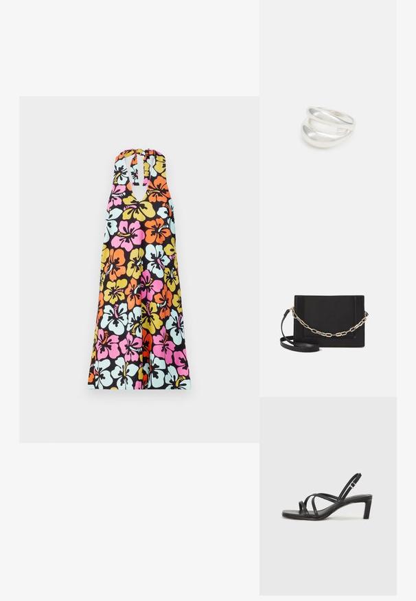 Sukienka w stylu halter z żywym printem kwiatowym w kolorach różowym, pomarańczowym, żółtym i niebieskim na czarnym tle z dekoltem w kształcie klucza.; Czarne sandały na obcasie z prostokątnym noskiem i niskim słupkowym obcasem. Posiadają wiele cienkich pasków i regulowany pasek na kostkę. Wykonane z gładkiej skóry.; Czarna skórzana torebka typu crossbody z gładką teksturą, prostokątnym kształtem oraz metalowym detalem w postaci łańcuszka z przodu. W zestawie regulowany pasek.; Srebrna obrączka podwójna z gładką, polerowaną powierzchnią. Posiada płynny, zakrzywiony kształt z nakładającymi się sekcjami, co nadaje nowoczesny wygląd.