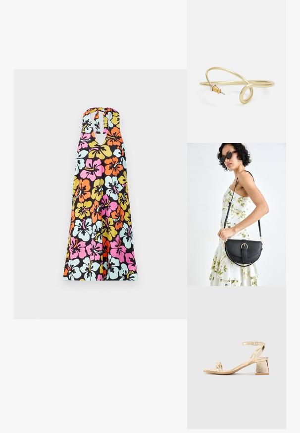 Halterlång klänning med ett livfullt blommönster i rosa, orange, gult och blått mot en svart bakgrund och en nyckelhålsutskärning.; Guldmetalliska klacksandaler med en kantig blockklack, två remmar över foten och en justerbar vristrem. Slät textur.; Svart läderhandväska med en böjd form, avtagbar rem och guldiga detaljer. Väskan har ett lock med en spänndetalj.; Guld-färgad metallarmband med ett mjukt, kurvigt mönster. Har en liten, framträdande silverfärgad accent i ena änden.