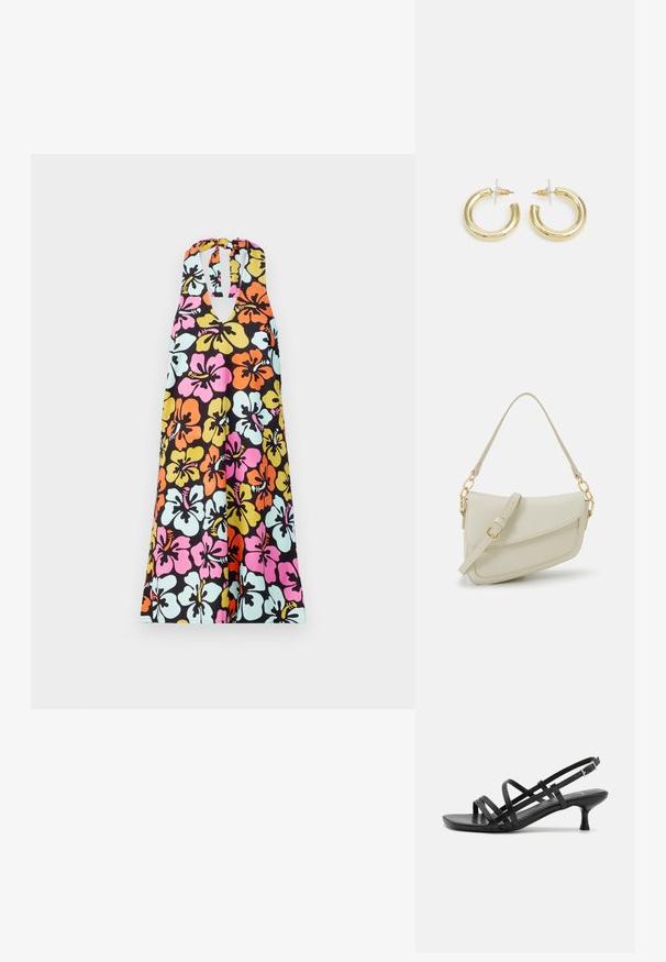 Halter-style dress featuring a vibrant floral print in pink, orange, yellow, and blue on a black background with a keyhole neckline.; Black heeled sandals with multiple crisscross straps. Smooth material, pointed toe, and narrow heel. Adjustable ankle strap with buckle.; Small cream handbag with a textured finish, a long adjustable strap, a chain accent, and a flap closure. Gold hardware detailing.; Gold hoop earrings with a smooth, shiny finish. Circular design featuring a small post and clear backing for secure wear.