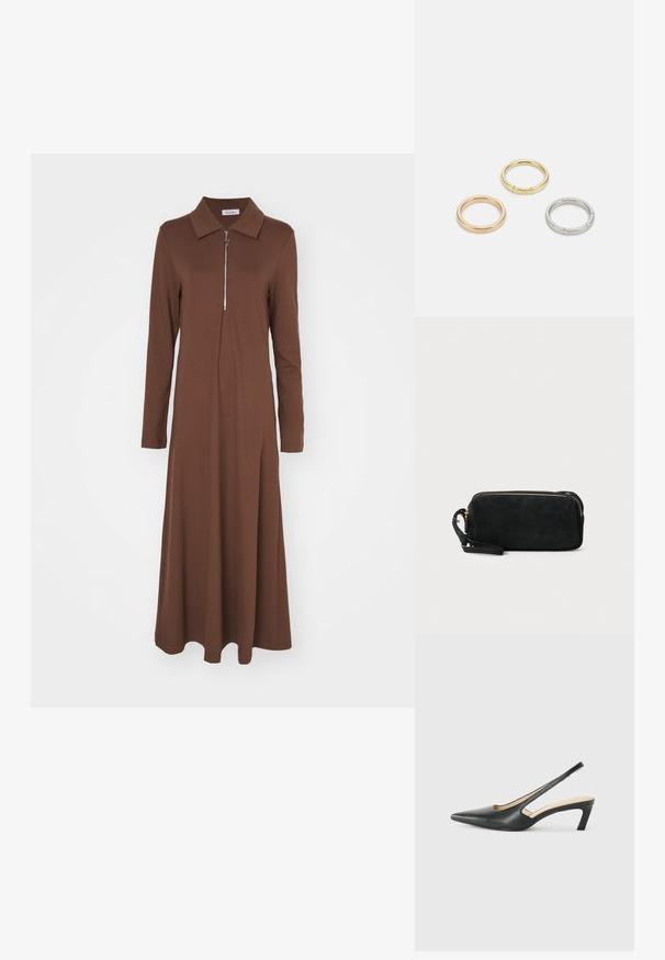 Smeđi dugouhi haljina s strukturiranim ovratnikom i prednjim zatvaračem. Napravljena od glatkog materijala, ima opušteni kroj i lepršavu suknju.; Crne cipele s izduženim vrhom i remenom oko pete, s niskom petom, izrađene od glatke kože i s izrezbarenom stranom radi prozračnosti.; Crna suđena torbica s patentnim zatvaračem i odvojivim ručnim remenom. Ima zlatne metalne detalje i glatku, mat teksturu.; Tri metalne prstenove: jedan od rose zlata, jedan od zlata s teksturiranim akcentima i jedan od srebra, svi s ugraviranim logotipom na unutarnjoj strani.