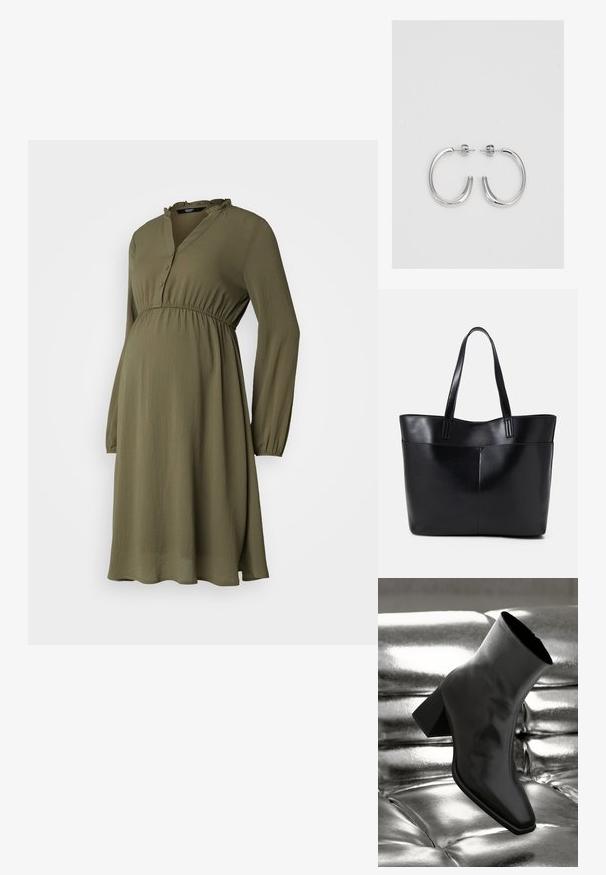 Vero Moda Maternity VMMAYA V NECK DRESS - Vestido de dia - kalamata; Botim preto de tornozelo feito de material brilhante, com bico quadrado e salto afunilado, posicionado contra um fundo prateado brilhante com detalhes acolchoados.; Bolsa tote preta em couro com duas alças longas, textura suave e forma estruturada. Apresenta um bolso frontal para armazenamento adicional.; Brincos de argola prateados com um acabamento suave e brilhante. Forma arredondada, design leve, com fecho de pino.