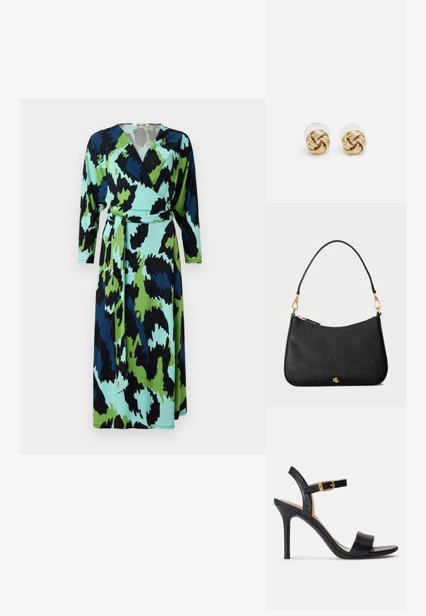 Rochie înfășurată cu un imprimeu îndrăzneț, prezentând modele abstracte în verde, albastru și negru. Realizată dintr-un material moale, cu mâneci lungi și curea de legat.; Sandale înalte negre, cu toc, cu un superior din piele netedă, vârf deschis și un design cu un singur bretele, accentuat cu o cataramă aurie.; Geantă de mână din piele neagră cu un design structurat, având închidere cu fermoar, curea detașabilă și accente din metal auriu.; Cercei cu tija aurie, cu un design răsucit. Fiecare cercel are un fundal circular transparent pentru o purtare sigură.