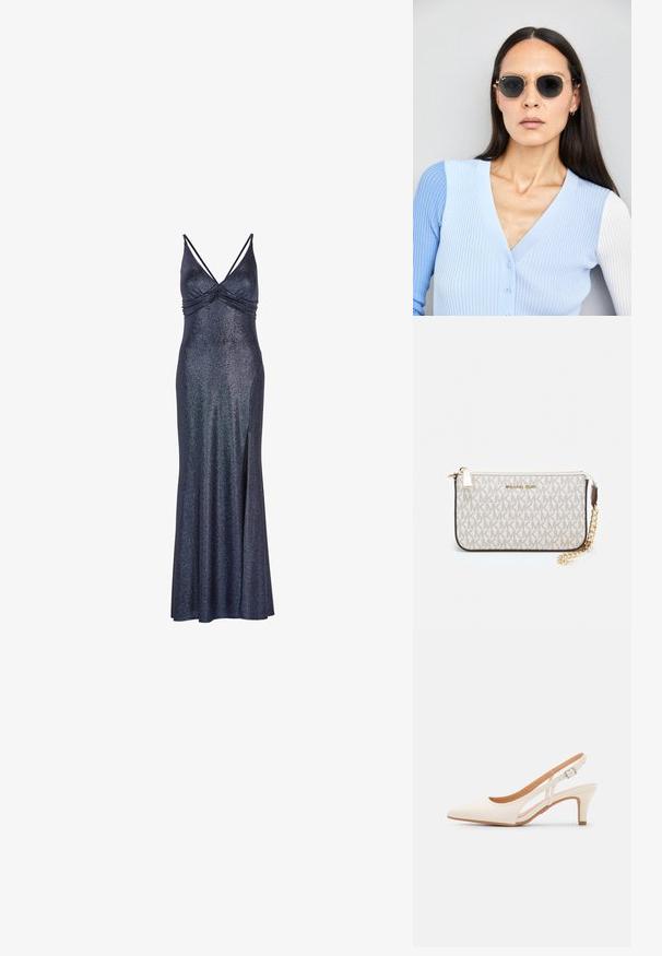 Hosszú, sötétkék ujjatlan ruha, fényes felülettel. Gyűrt mellrész és oldalsó hasíték a könnyebb mozgás érdekében. Fémes akcentus a szövetben.; Fehér slingback sarok, hegyes orral, sima felső anyaggal, alacsony blokk sarkával és oldalsó kivágott dizájnnal, állítható csatpánttal.; Kerek napszemüveg sötét lencsékkel és arany kerettel. A modellen világoskék, bordázott kardigán van gombokkal és kontrasztos fehér ujjaival.; Michael Kors bézs bevonatos vászon karkötő, amely ismétlődő MK logó mintával, aranyszínű fémrészletekkel és levehető lánchordóval rendelkezik.
