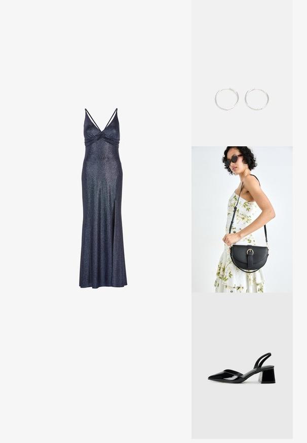 Rochie lungă, fără mâneci, de culoare albastru închis, cu un finisaj strălucitor. Prezintă un bust drapat și o fanta pe lateral pentru ușurința mișcării. Accent metalic în țesătură.; Pantofi cu toc slingback din piele lacuită neagră, cu vârf ascuțit și toc geometric. Prezintă un design elegant, minimalist și o textură netedă.; Geantă din piele neagră, cu o formă curbată, curea detașabilă și accesorii aurii. Geanta are un capac cu un detaliu tip cataramă.; Cercei din argint cu un design elegant și rotund, având o suprafață netedă și fără embellismente vizibile. Diametrul nu este specificat.