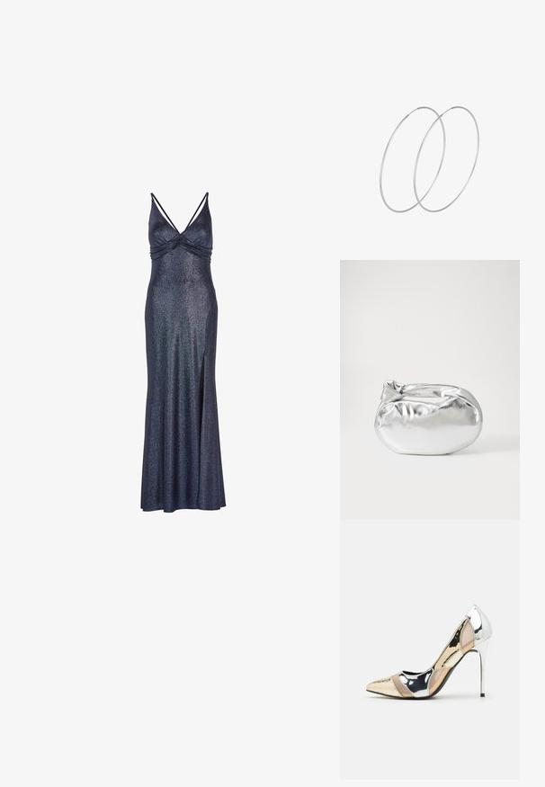 Duga, mračnoplava haljina bez rukava sa sjajnim završetkom. Ima nabran dekolte i prorez sa strane za lakše kretanje. Metalik naglasak u tkanini.; Cipele s visokom potpeticom i špicastim vrhom u srebrnoj, zlatnoj i nude boji. Sjajan finiš s izrezbarenim dizajnom, s potpeticom u obliku stiletto.; Srebrna metalik torbica s mekim, zaobljenim oblikom i čvorastim zatvaranjem na vrhu. Izrađena od glatke sintetičke kože.; Srebrne okrugle naušnice s minimalističkim dizajnom. Kružni oblik, glatka tekstura i tanak profil. Lagane s poliranim završetkom.