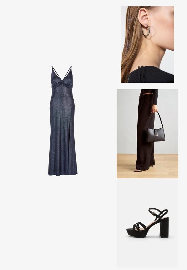 Lang, marineblå ermeløs kjole med en glitrende finish. Har en samlet byste og en sidesplitte for bedre bevegelsesfrihet. Metallisk detalj i stoffet.; Sorte semskede plattformsandaler med bred klack, med krysslagte remmer og en spenne ved ankelen for en sikker passform.; Svart håndveske med strukturert form, jevn tekstur og metallisk lås. Kombinert med brede svarte bukser og sandaler med åpen tå på tregulv.; Sølv ringøredob med en polert finish, med små gull detaljer og en rund form, båret på øreflippen.