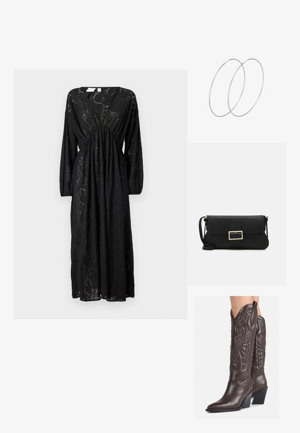 Melna garām piedurknēm, dziļš V veida izgriezums, savākta josta un struktūrēta auduma ar diskrētu ziedu rakstu. Eleganta, plūstoša silueta.; Brūni ādas kovboju zābaki ar norādītu purngalu un blokveida papēdi, ar detalizētu šūšanu un paceltiem akcentiem uz kājas daļas.; Melnas ādas saķeres soma ar atloku un zelta metāla sprādzi. Ietver melnu siksnu un elegantu, minimālistisku dizainu.; Sudraba gredzenveida auskari ar minimālistisku dizainu. Cirkulāra forma, gluda tekstūra un plāns profils. Vieglu svaru ar spīdīgu apdari.