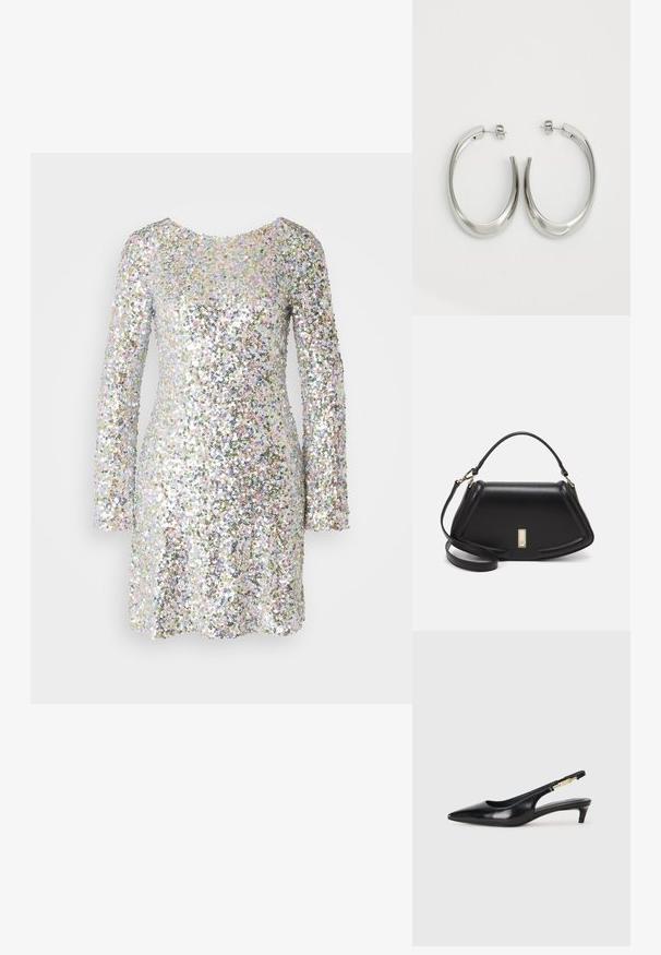 Mirdzoša sudraba kleita ar garām piedurknēm, pilnībā pārklāta ar daudzkrāsainām pērļu dekorācijām, ar apaļu kakla izgriezumu un īsu garumu.; Melnas ādas slingback zābaki ar smailu purngalu, ar šauru papēdi un zelta krāsas akcentu uz regulējama siksniņas. Gluda tekstūra.; Melnas ādas roku soma ar struktūru, ar īsu formu, augšējo rokturi un zelta aksesuāriem. Iekļauta regulējama plecu siksna.; Sudraba riņķveida auskari ar gludu, izliekta dizaina formu. Iezīmējas ar spīdīgu metāla apdari un pievienojamu aizdari. Nav redzamu rakstu vai akcentu.