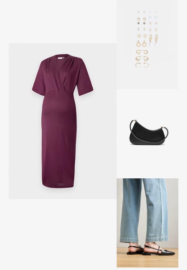 Sügavast burgundist V-kaelusega lühikeste varrukatega kleit. Valmistatud pehmest ja venivast materjalist. Kujundus sisaldab sääret klapitavat kehaosa ja voolavat seelikut.; Must musta slingback kingad, millel on terav nina, lamedad kontsad ja pahkluu rihm; kantud helesiniste laia säärega teksadega.; Must musta õlakott, millel on kumer disain, tekstureeritud rihm ja kuldsetooniline riistvara ülemise sulgemise juures. Sile viimistlus.; Kullastusust kõrvarõngaste komplekt, mis sisaldab erinevaid disaine, sealhulgas nööpe, rõngaid ja riputatavaid tükke, millel on pärlid ja rhinestones.