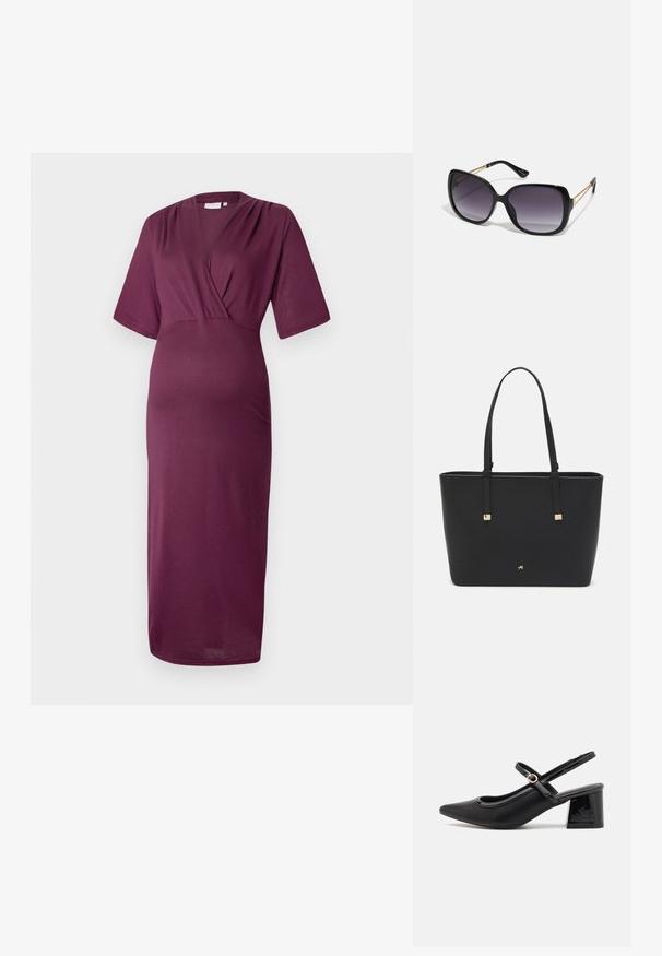 Sügavast burgundist V-kaelusega lühikeste varrukatega kleit. Valmistatud pehmest ja venivast materjalist. Kujundus sisaldab sääret klapitavat kehaosa ja voolavat seelikut.; Mustad läikivad nahast slingback-kõrged kontsad, millel on terav nina, ümar lõikekujundus ja blokknina. Omab kuldset nupu aktsenti.; Mustad ümarad päikeseglaasid, millel on gradient objektiivid, paksud raamid ja kuldse tooni kettaga kaunistused tempelitel.; Must musträkk, mis on valmistatud sünteetilisest materjalist, lihtsa ristkülikukujulise disainiga, kuldsete ruudukujuliste rõhutustega ja kahe käepidemega.