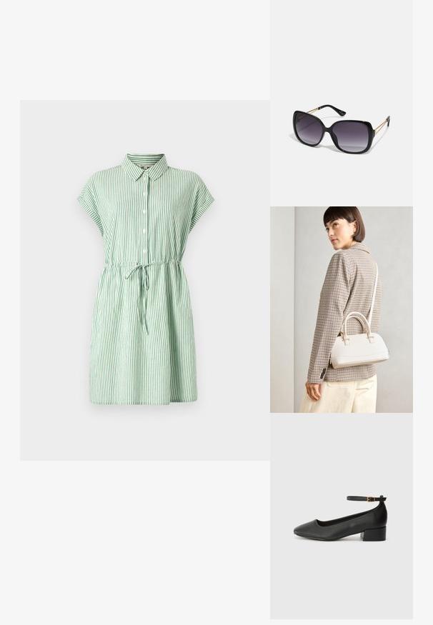 Roheline ja valge triibuline nööbiga kleit, millel on krae, lühikesed varrukad, sidumisvöö ja laienev seelik. Valmistatud kergest kangast.; Must mustaapp, millel on terav nina ja madal blokk-kand. Omab pahkluu rihma koos kuldse tooni pandlaga. Sile tekstuur.; Mustad ümarad päikeseglaasid, millel on gradient objektiivid, paksud raamid ja kuldse tooni kettaga kaunistused tempelitel.; Valge struktureeritud käekott lühikeste käepidemete ja õlavööga, millel on kuldse riistvara aktsendid ja tekstuuriga materjal, eksponeeritud halli taustal.