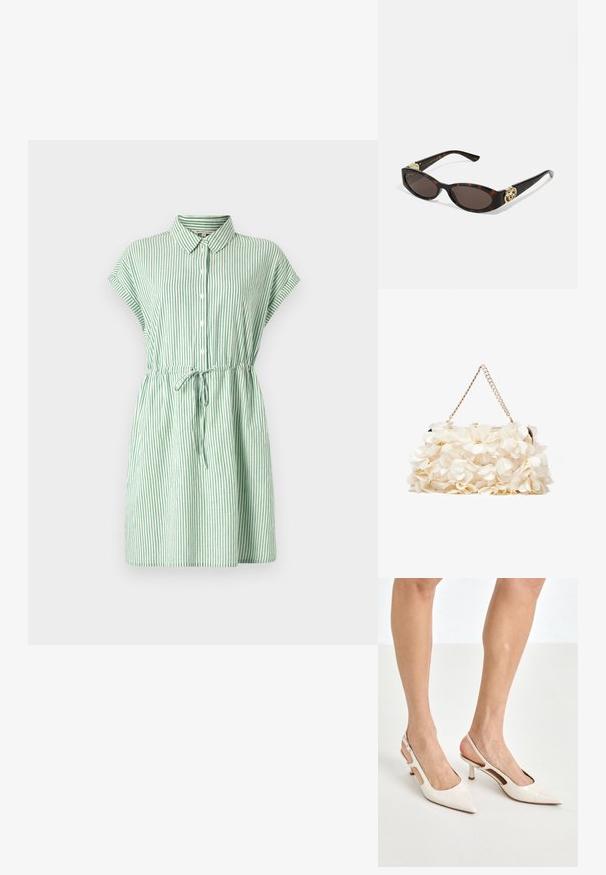 Zielono-biała, w paski sukienka w stylu button-up z kołnierzykiem, krótkimi rękawami, ściągaczem w talii i rozkloszowanym dołem. Wykonana z lekkiego materiału.; Beżowe lakierowane szpilki z odkrytą piętą, zakończone spiczastym noskiem i 5 cm obcasem, z wyciętymi bokami oraz cienkim paskiem na kostce.; Słoneczne okulary w kolorze żółwi z wydłużonymi owalnymi soczewkami, brązowym odcieniem, złotymi akcentami logo na zausznikach oraz smukłymi czarnymi ramionami.; Biała torebka kwiatowa z marszczoną powierzchnią z tkaniny, złotą łańcuszkową rączką i metalowym zapięciem. Posiada teksturowane płatki jako dodatkowy detal.