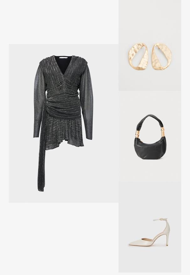 Crna, šljokičasta haljina s V-izrezom, nabrala detalje, duge prozirne rukave i asimetričnu donju ivicu. Teksturirana tkanina s sjajem.; Bijela kožna visoko potpetica s oštrim vrhom, remenom oko članaka i tankom stiletto potpeticom. Glatka tekstura s blagim sjajnim završetkom.; Crna kožna torba s okruglim oblikom, mekim teksturom i čvorastom ručkom s zlatnim metalnim detaljima. Zatvaranje na patentni zatvarač.; Par zlatnih metalnih naušnica nepravilnog ovalnog oblika s teksturiranom, blago kovanom površinom na bijeloj pozadini.