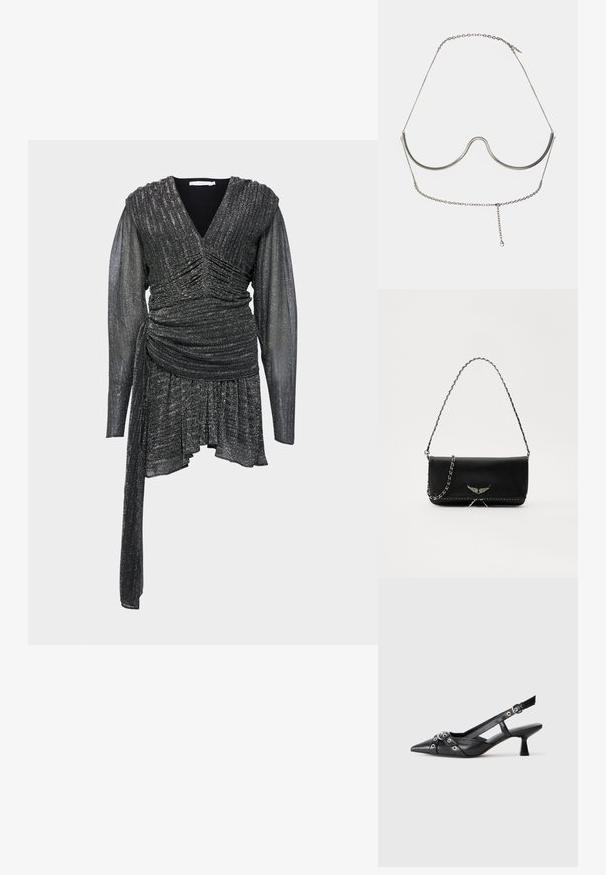 Melns, spīdīgs kleita ar V veida izgriezumu, savilktām detaļām, garām plānām piedurknēm un asimetrisku apakšmalu. Tekstūrēts audums ar mirdzumu.; Melnas ādas šlipsveida kurpes ar norādītu purngalu, dekoratīvām joslām ar metāla acīm un zemu bloku papēdi. Teksturēta virsma.; Melnas ādas rokassomā ar sudraba ķēdes siksnu, kurai ir dekoratīvi spārnu akcenti un baltā šuvēšana apakšējā šuvē.; Cult Gaia ASHA BODY JEWELRY - Citi aksesuāri - bright shiny silver-coloured