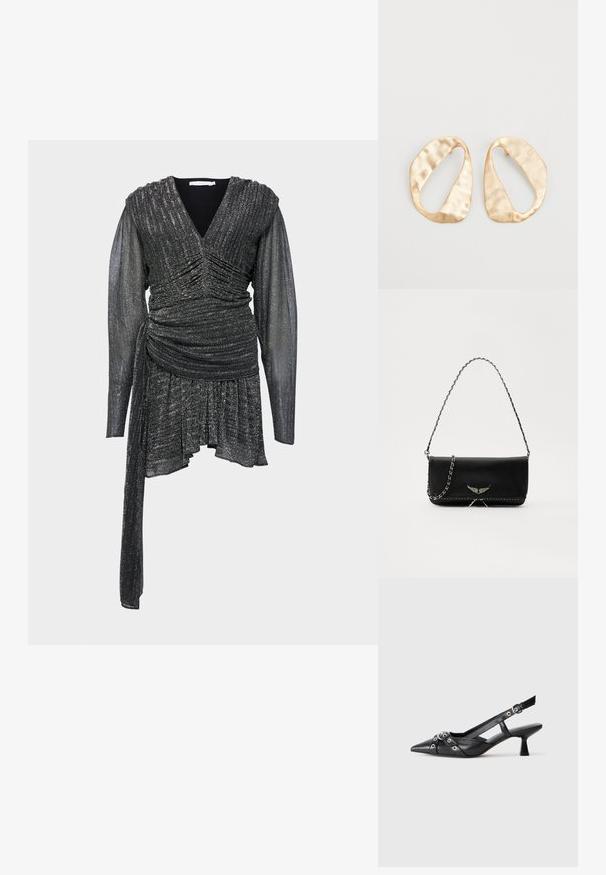 Svart, glittrande klänning med V-ringning, samlade detaljer, långa genomskinliga ärmar och en asymmetrisk nederkant. Strukturerad tyg med lyster.; Svart lädersko med slingback-design, spetsig tå, dekorativa remmar med metallöglor och en låg klack. Texturerad yta.; Svart läderhandväska med en silverkedja, prydd med dekorativa vingdetaljer och vit sömnad längs den nedre sömmen.; Ett par oregelbundna ovalformade örhängen i guldtonad metall med en strukturerad, något hamrad yta på en vit bakgrund.