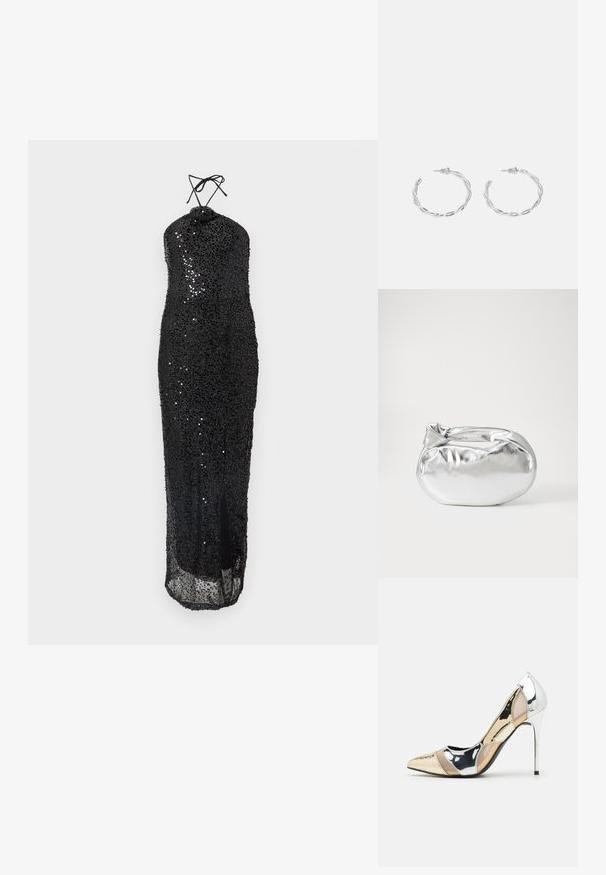 Čierne flitrové šaty s dizajnom za krk, s priliehavým živôtikom a rozparkom po stehná, hladkou textúrou a lesklým povrchom.; Lodičky s špičatou špičkou v striebornom, zlatom a telovom farebnom prevedení. Lesklý povrch s výrezovým dizajnom, s ihlovým opätkom.; Strieborná metalická taška s mäkkým, zaobleným tvarom a uzáverom s uzlíkom. Vyrobená z hladkej syntetickej kože.; Strieborné kruhové náušnice s prúteným dizajnom, s lešteným povrchom a zapínaním na kolíček. Majú priemer približne 3 cm.